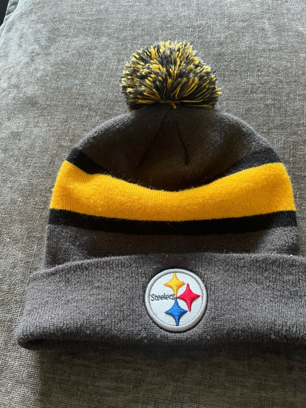 Gray and Gold Knit Pom Beanie Hat
